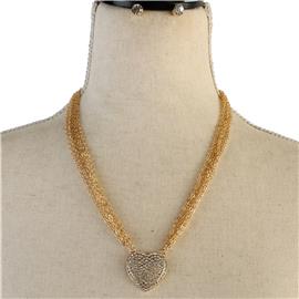 Metal Multi Chain Heart Necklace Set