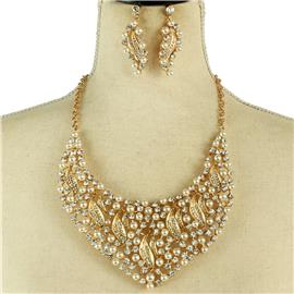 Crystal Pearls Leaf Necklace Set