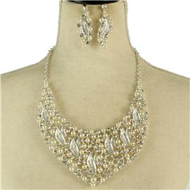 Crystal Pearls Leaf Necklace Set