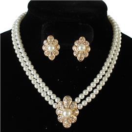 Rhinestones Pearls Flower Necklace Set