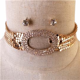 Mesh Chain Oval Stones Choker Necklace Set
