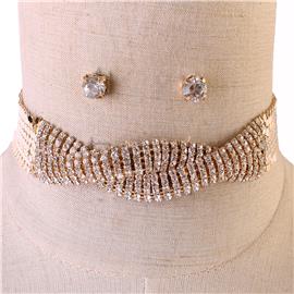 Mesh Chain  Twisted Stones Choker Necklace Set