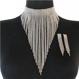 Rhinestone Long Fringed Necklace Set