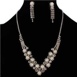 Rhinestones Pearls Clip-On Necklace Set