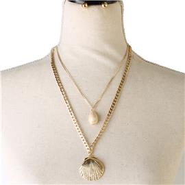 Chain Shell Two Layereds Necklace Set