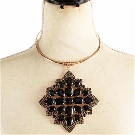 Metal Stones Flower Drop Choker Necklace Set