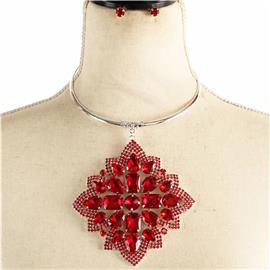 Metal Stones Flower Drop Choker Necklace Set