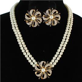 Pearl 2 Ln Flower Necklace Set