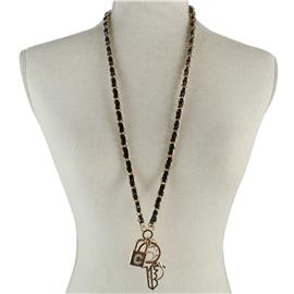 Metal Leather Chain Long Key Necklace