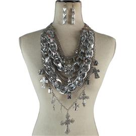 Metal Link Chain Long Cross Necklace Set