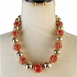 Wired Metal Pearl Ball Necklace Set