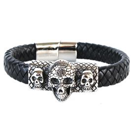 Leather Stainless Steel 3 Skulls Bracelet