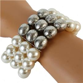 Three Layereds Pearl -Metal Stretch Bracelet