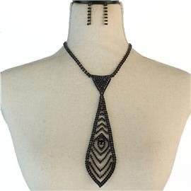 Rhinestone Tie With Hamsa Necklace Set