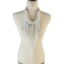 Pearl Long Fringed Drop Necklace Set