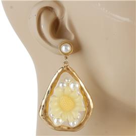 Metal Oval Pearl Flower Earring