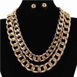 Metal 2 Layered Link Chain Necklace Set