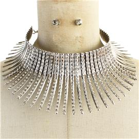 Metal Fringed Stones Choker Necklace Set