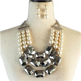Pearl Rectangle Stones Necklace Set