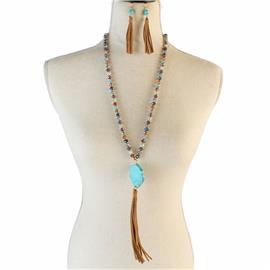 Crystal Beads Long Tassel Necklace Set