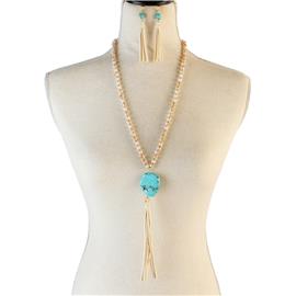 Crystal Beads Long Tassel Necklace Set