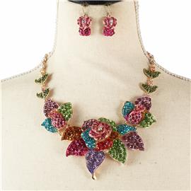 Rhinestones Rose Flower Necklace Set