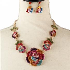 Rhinestones Rose Flower Necklace Set