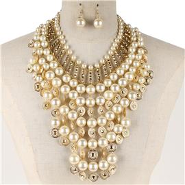 Pearl Metal Layered Choker Necklace Set