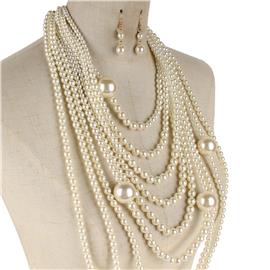 Pearl 9 Row Long Necklace Set