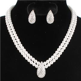 Pearl 2 Line Tear Shape Necklace Set