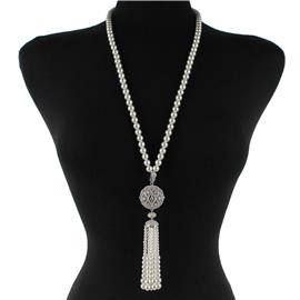 CZ Ball with Pearl Tessel Necklace