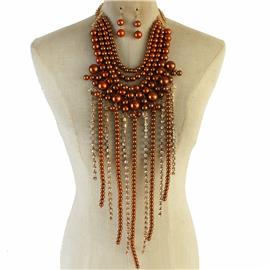 Pearl Rhinestone Fringed Long Necklace Set