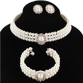 Pearl Oval Choker 3Pcs Necklace Set