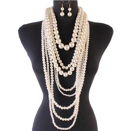 Long Multi-Layereds Pearls Necklace Set