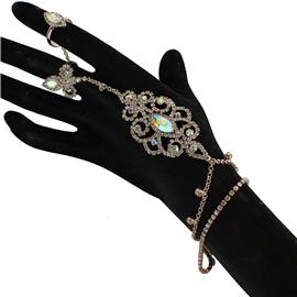 Rhinestones Crystal Oval Ring With Bracelet / Hand Chain
