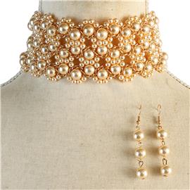 Fashion Pearls Flower Choker Neckace Set