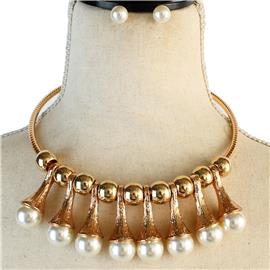 Metal Drop Pearl Choker Necklace Set