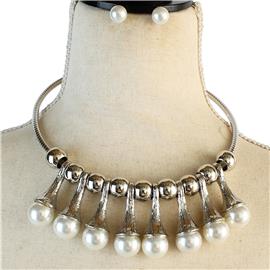 Metal Drop Pearl Choker Necklace Set