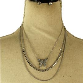 Metal Three Layereds Butterfly Necklace Set