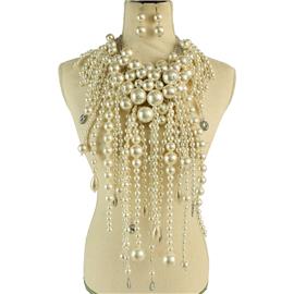 Fashion Long Pearls Chunky Necklace Set
