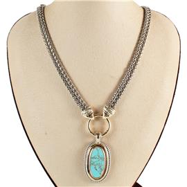 Rhodium Pendant Oval Natural Stone Necklace