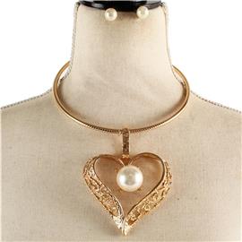 Metal Choker Heart Necklace Set