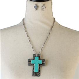 Metal Turquiose Cross Necklace Set