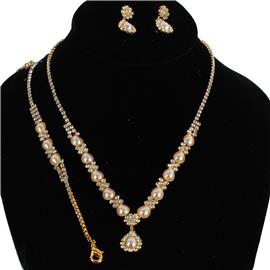 Rhinestones Pearl 3pcs Necklace Set