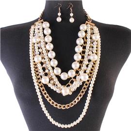 Multilayereds Metal Pearls Necklace Set