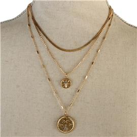 Metal Multi Chain Round Pendant Necklace