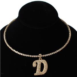 D Crystal Monogran Pendant Choker Necklace