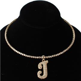 J Crystal Monogran Pendant Choker Necklace
