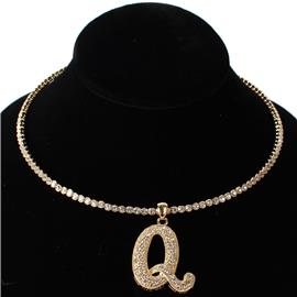 Q Crystal Monogran Pendant Choker Necklace