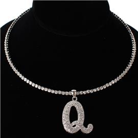 Q Crystal Monogran Pendant Choker Necklace